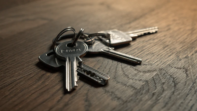 A bunch of keys on a wooden table